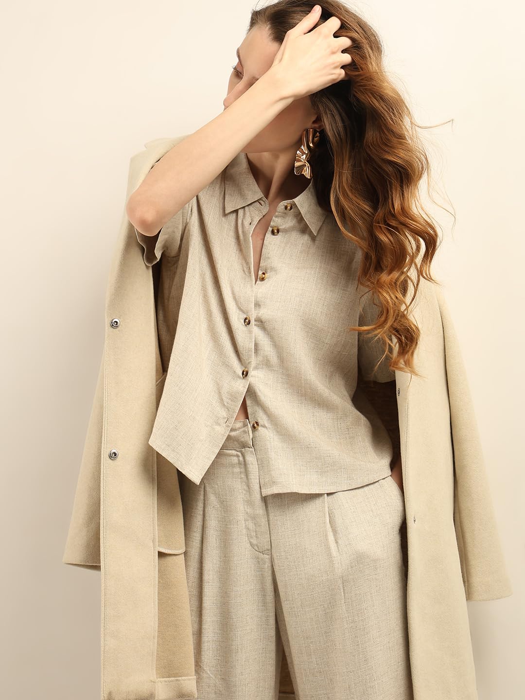 VERO MODA Women Solid Beige Viscose Regular Fit Shirt