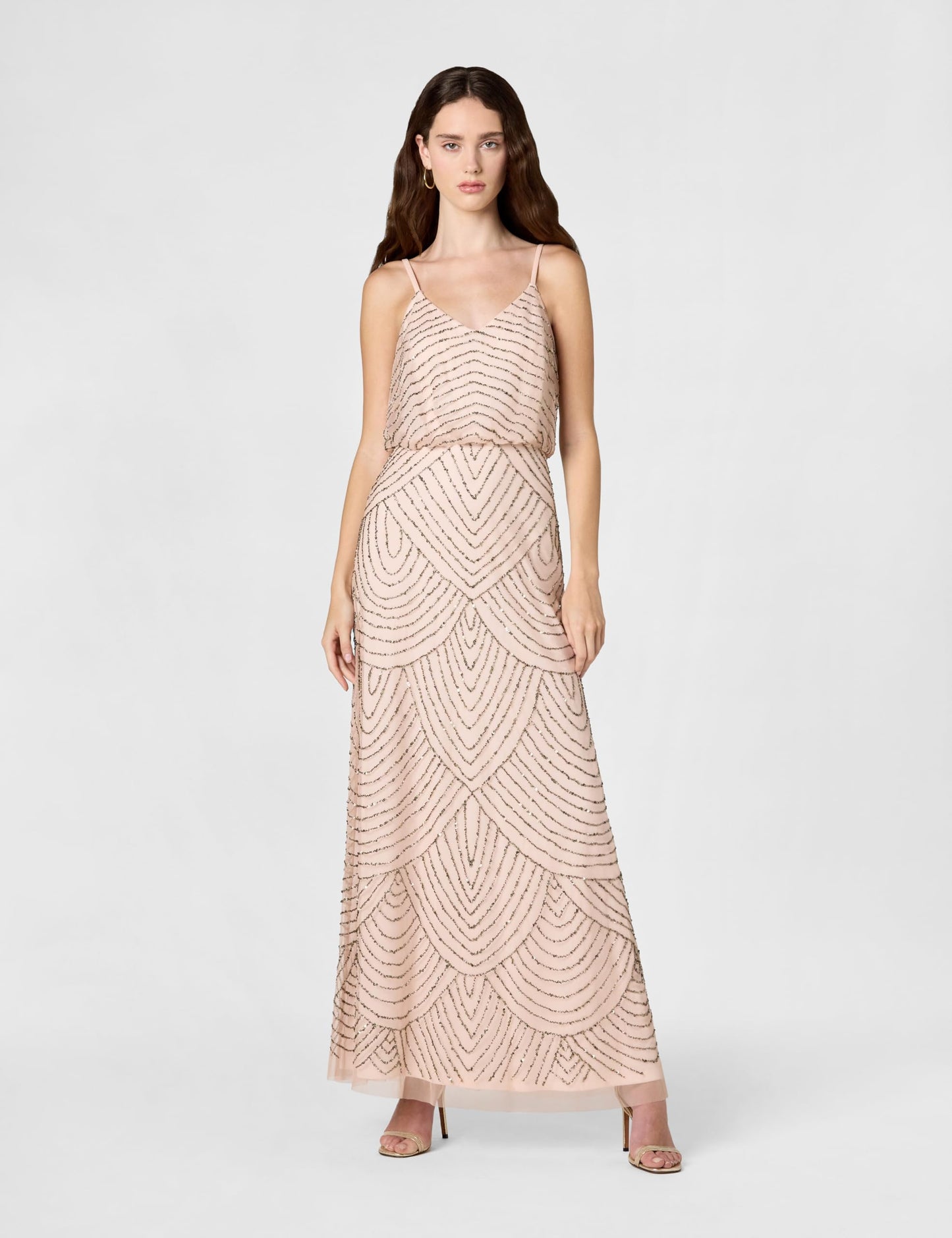 Adrianna Papell Women's Missy Long Blouson Dress, Blush/Gold/Pink, 2