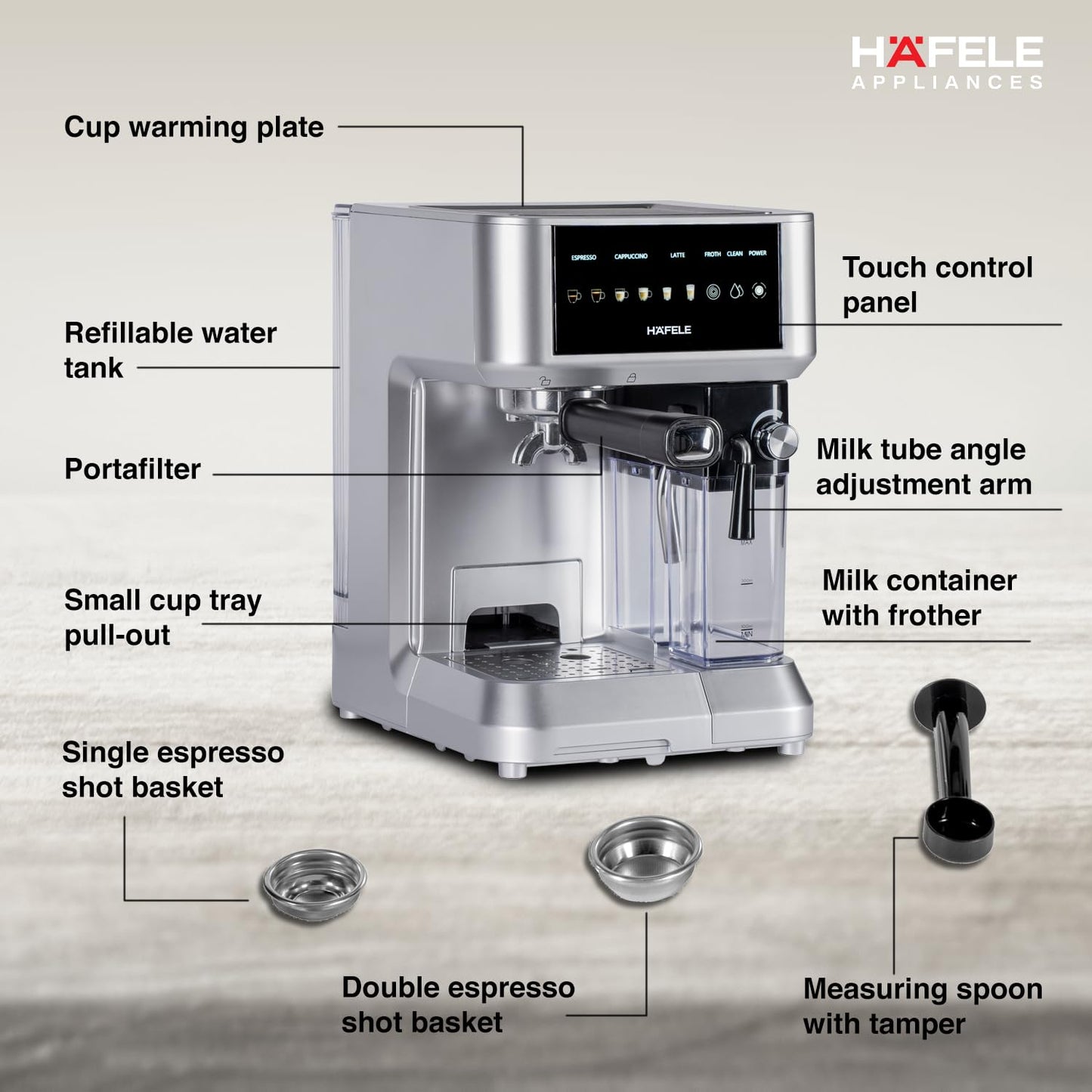 HAFELE U-Kaffee Nova Coffee Machine| 20-Bar Pump Pressure | Removable Water Tank (1.6 L)| Rapid Thermoblock Technology | Built-in Semi-automatic Cleaning | 2 Year Warranty | Silver