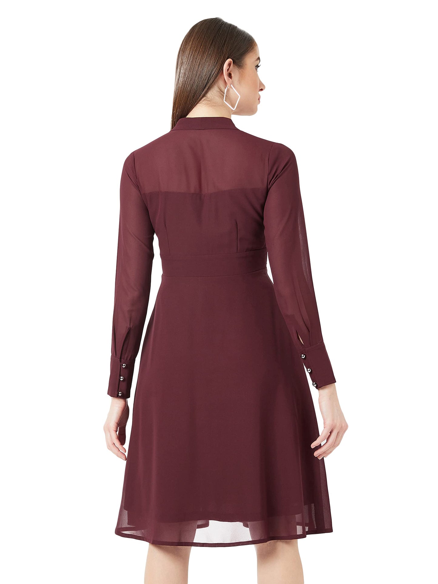 Miss Chase Women's Wine Red V-Neck Full Sleeve Solid Fit & Flare Midi Dress(MCSS20D14-39-184-03_Maroon_S)