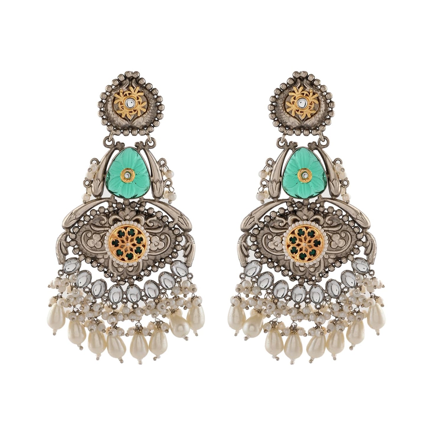 Voylla Antique Opulance Elegant Green Long Chandbali Earrings|Danglers Earrings For Women|Festive Earrings|Wedding|Party |Gift For Women|
