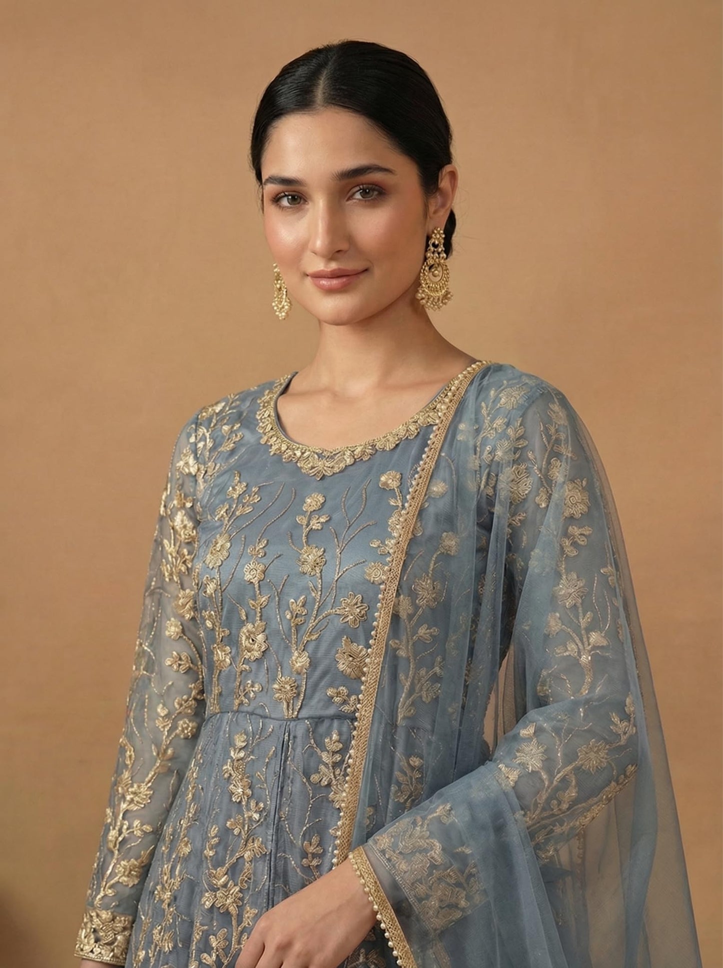 RUDRAPRAYAG Net And Santoon Embroidered Semi Stitched Ankle Length Anarkali Gown For Women