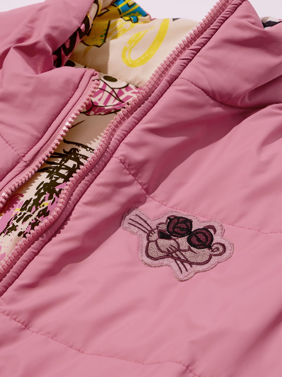 The Souled Store Reversible Puffer: Cool In Pink Women and Girls Full Sleeves Spread Collar Graphic Printed Polyester Regular Fit Lightweight Reversible Puffer Jacket