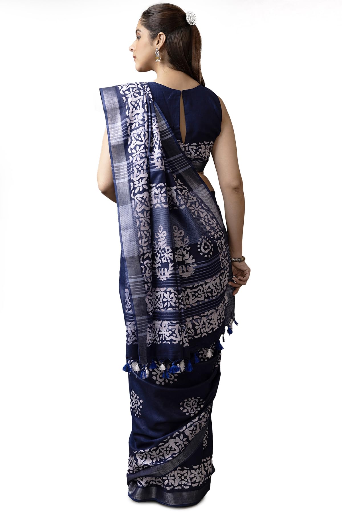 Soch Womens Navy Blue Linen Batik Print Saree With Tassels