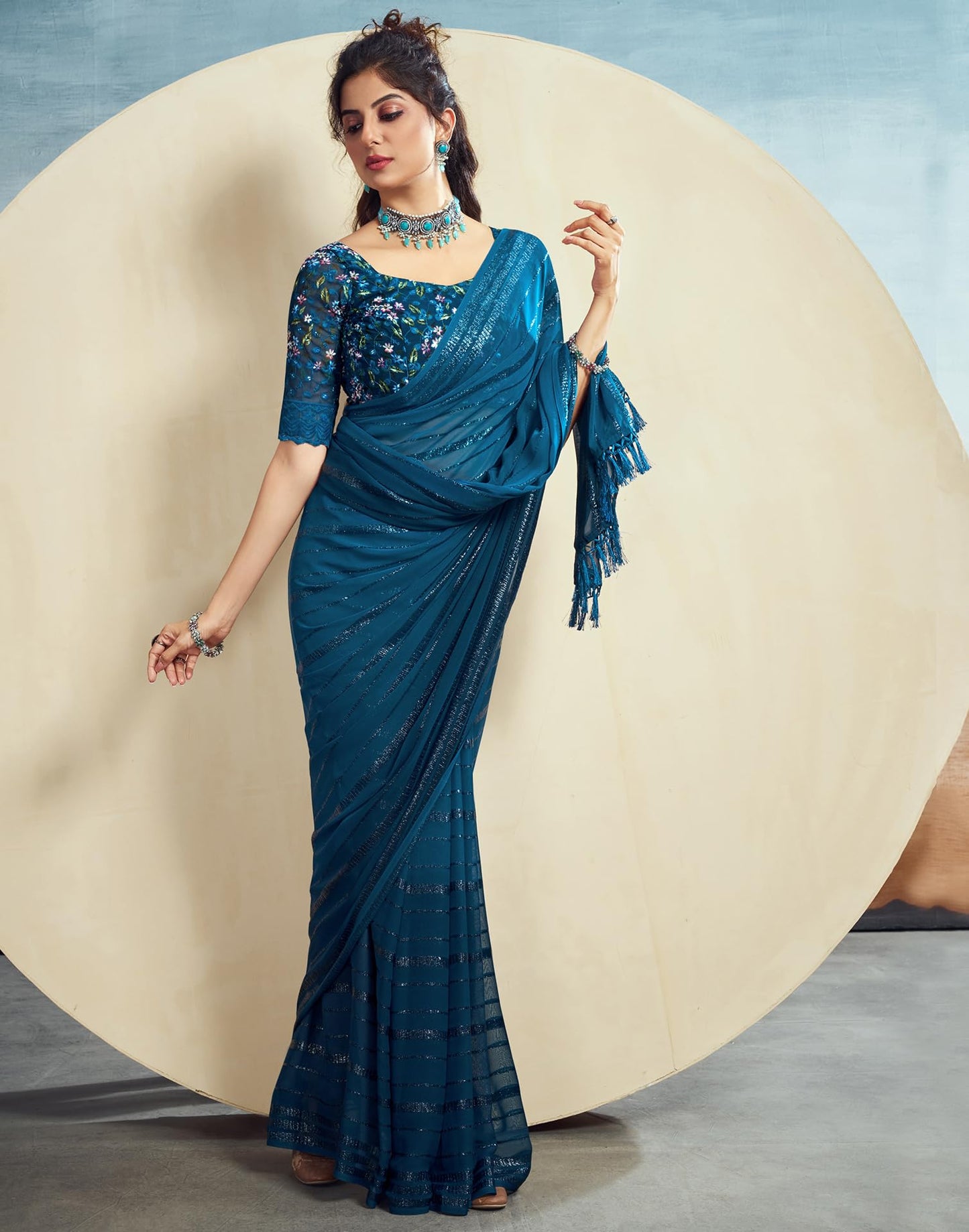 SIRIL Women's Georgette Solid Saree With Unstitched Blouse (3473S694_Blue)