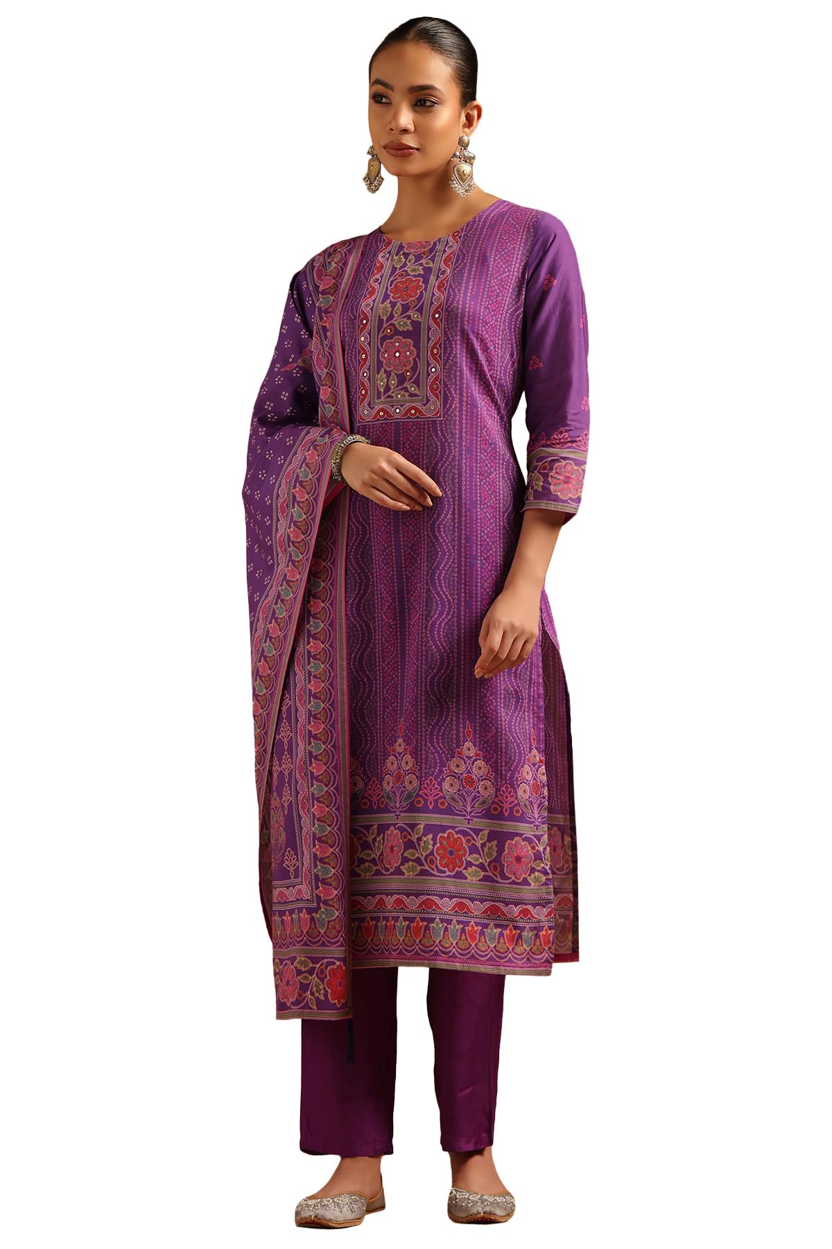 Soch Womens Purple Cambric Bandhani Salwar Suit With Faux Mirror