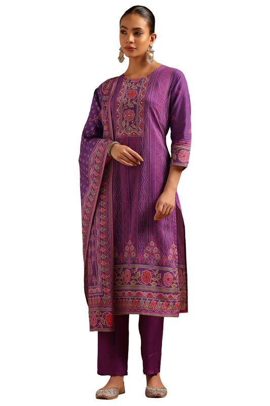 Soch Womens Purple Cambric Bandhani Salwar Suit With Faux Mirror