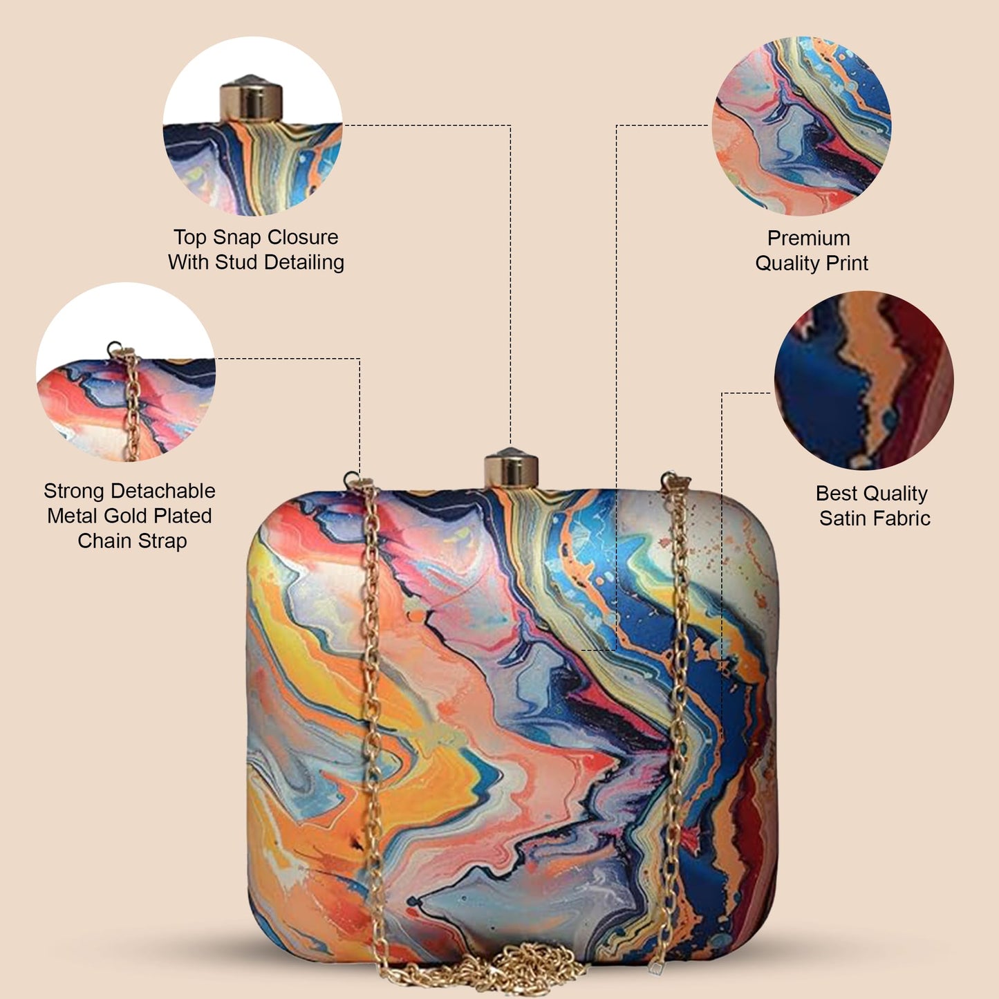 Artklim Multicolor Abstract Printed Box Clutch Bag with Detachable Strap Chain - Designer Purse for Navratri & Cultural Functions