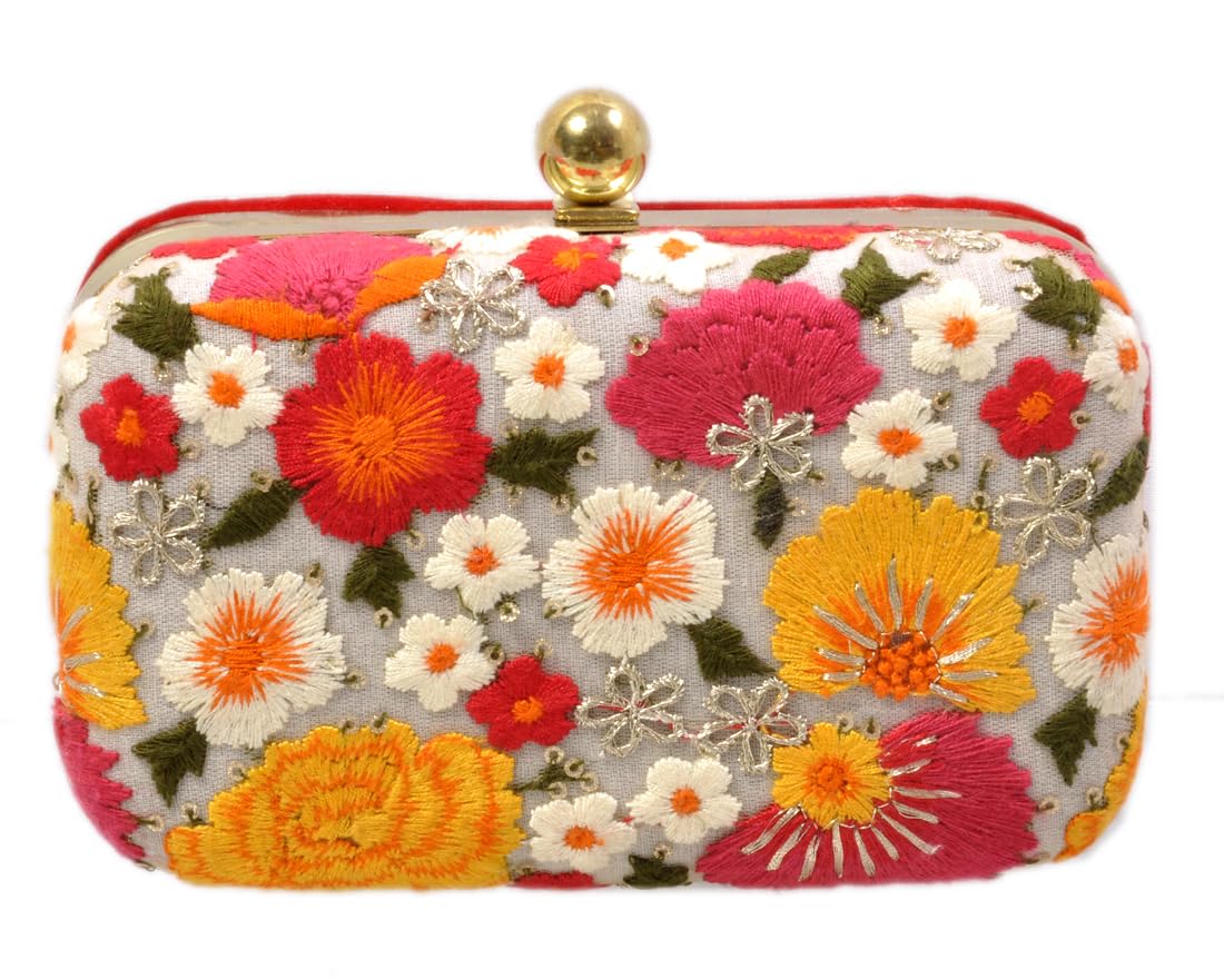 DUCHESS Women’s Embroidered Floral Box Clutch Bag – Silk Wedding Purse with Gold Metal Frame and Detachable Chain Strap – Ethnic Indian Bridal Handbag for Parties, Proms, and Evening Events