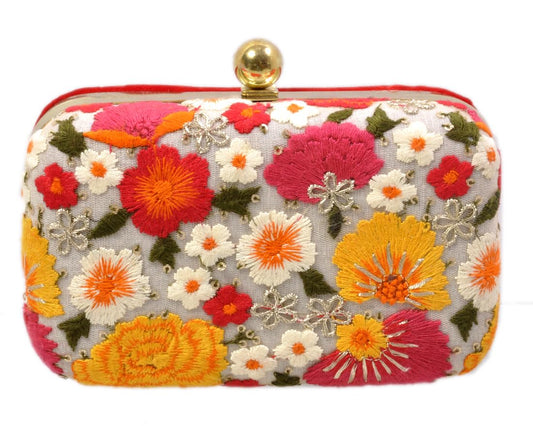 DUCHESS Women’s Embroidered Floral Box Clutch Bag – Silk Wedding Purse with Gold Metal Frame and Detachable Chain Strap – Ethnic Indian Bridal Handbag for Parties, Proms, and Evening Events