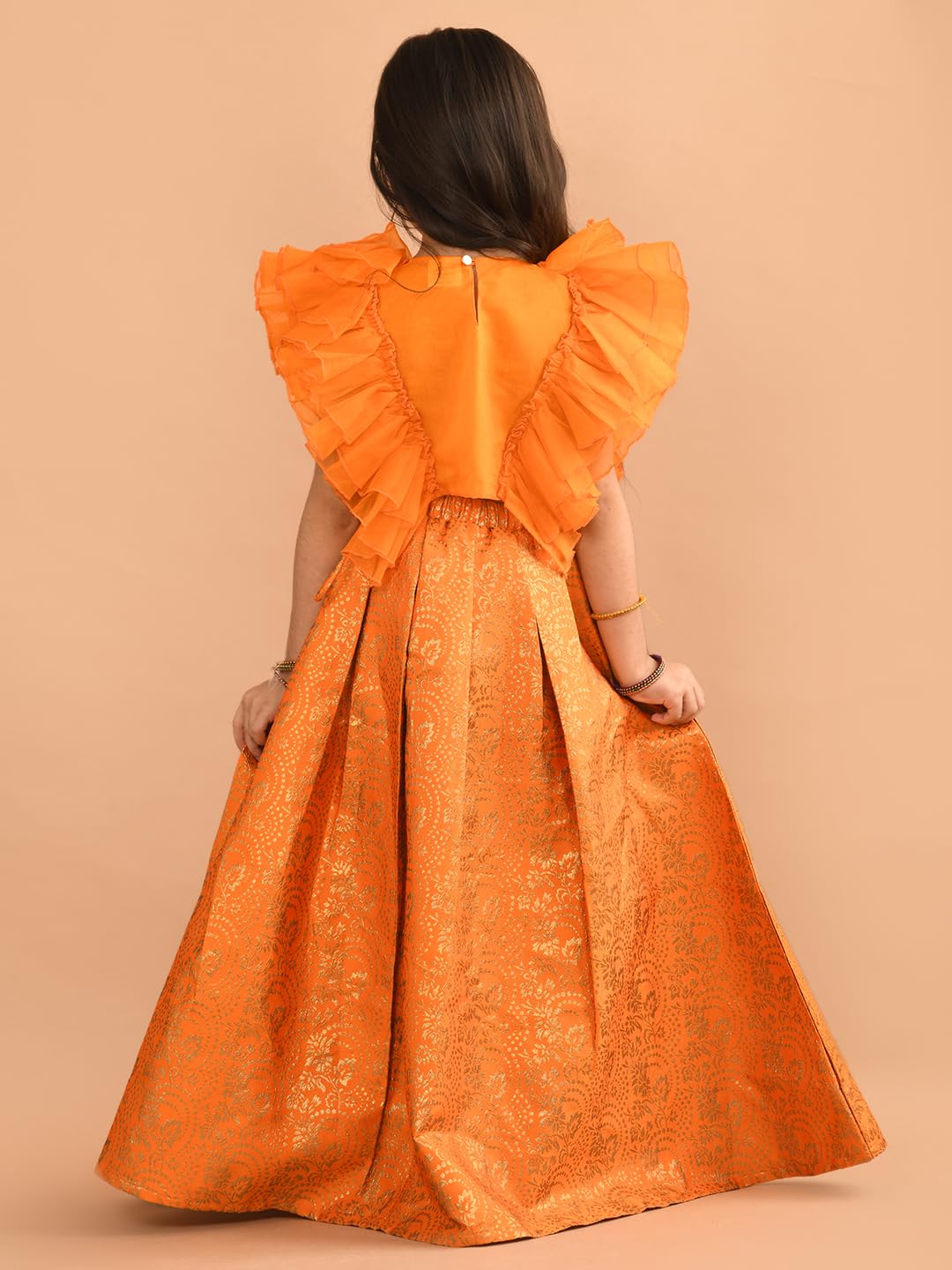LILPICKS Ruffle Sleeveless Blouse with Brocade Flared Lehenga Set for Girls (Orange) (4-5Y)