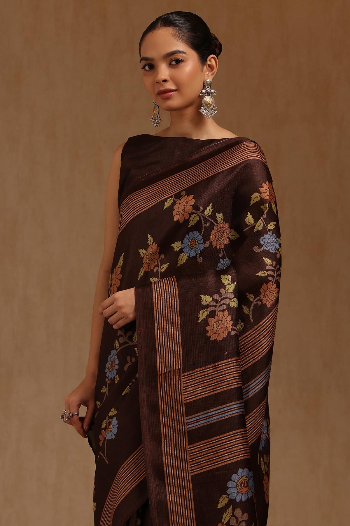 Soch Womens Brown Art Silk Floral Print Saree