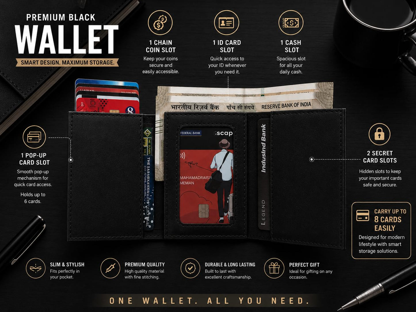 The Bae Gift RFID Protected Wallet | Personalised Gift for Man Custom Name |Pop-up Card Holder | Up to 8 Cards | Credit & Debit Cardholder