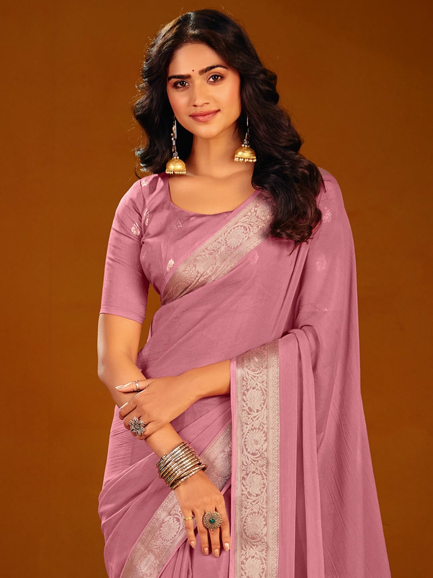 AKHILAM Women's Pink Chiffon Solid Saree With Unstitched Blouse Piece | saree for woman | Designer Saree for Women | Soft and Skin Friendly (PARVTHI1008_SR)