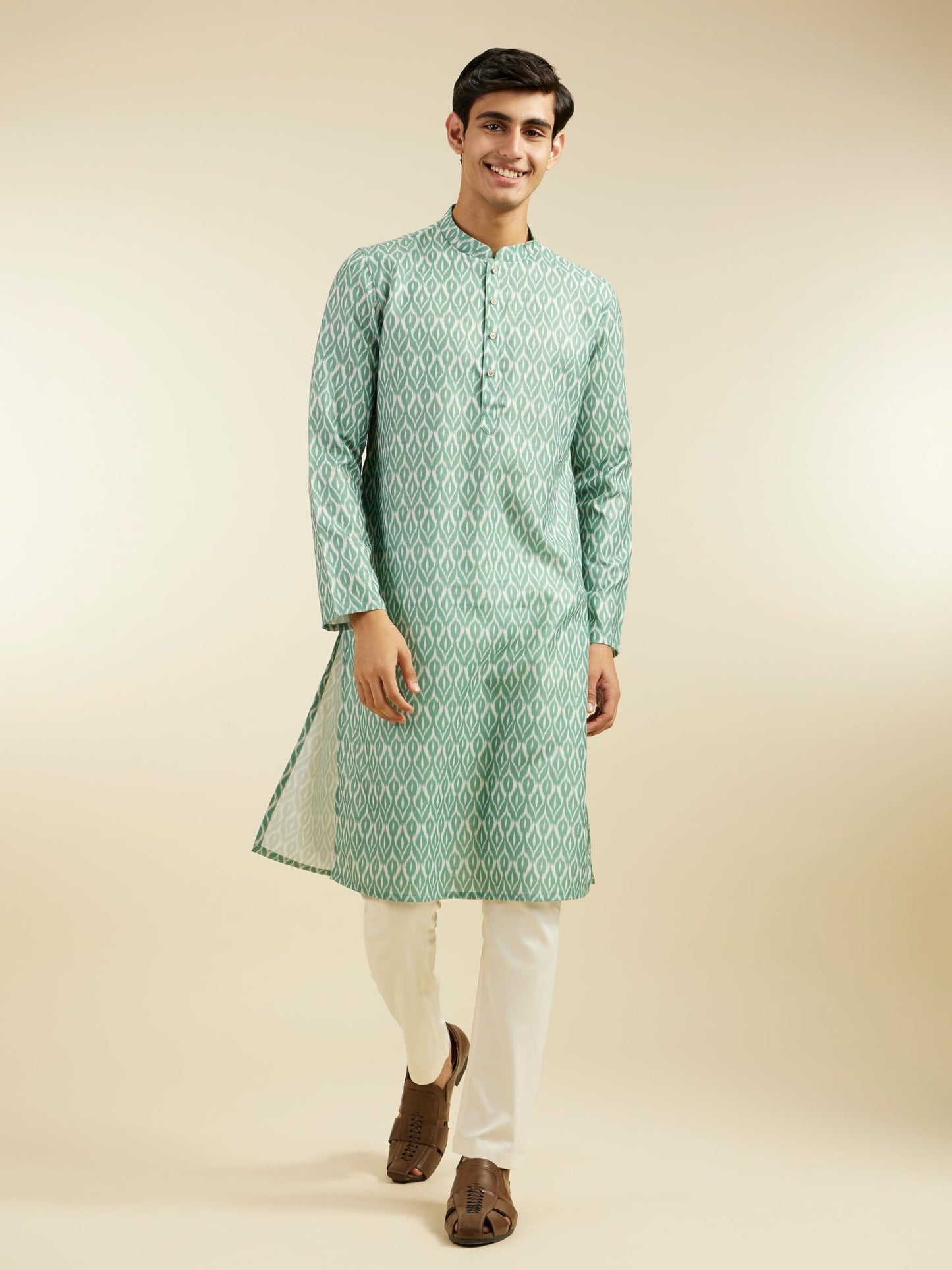 DIWAS BY MANYAVAR Men's Cotton Blend Printed Kurta (Green,M)