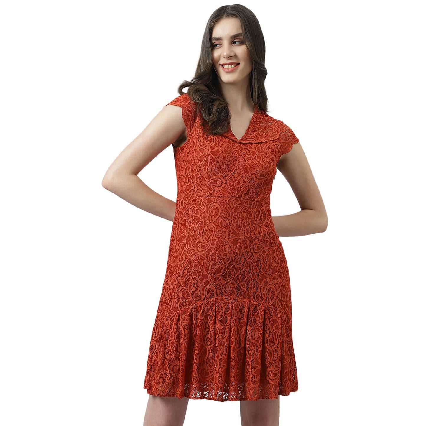 Latin Quarters Women's Rust Self Design Lace Cap Sleeve Dress with Ruffles_L