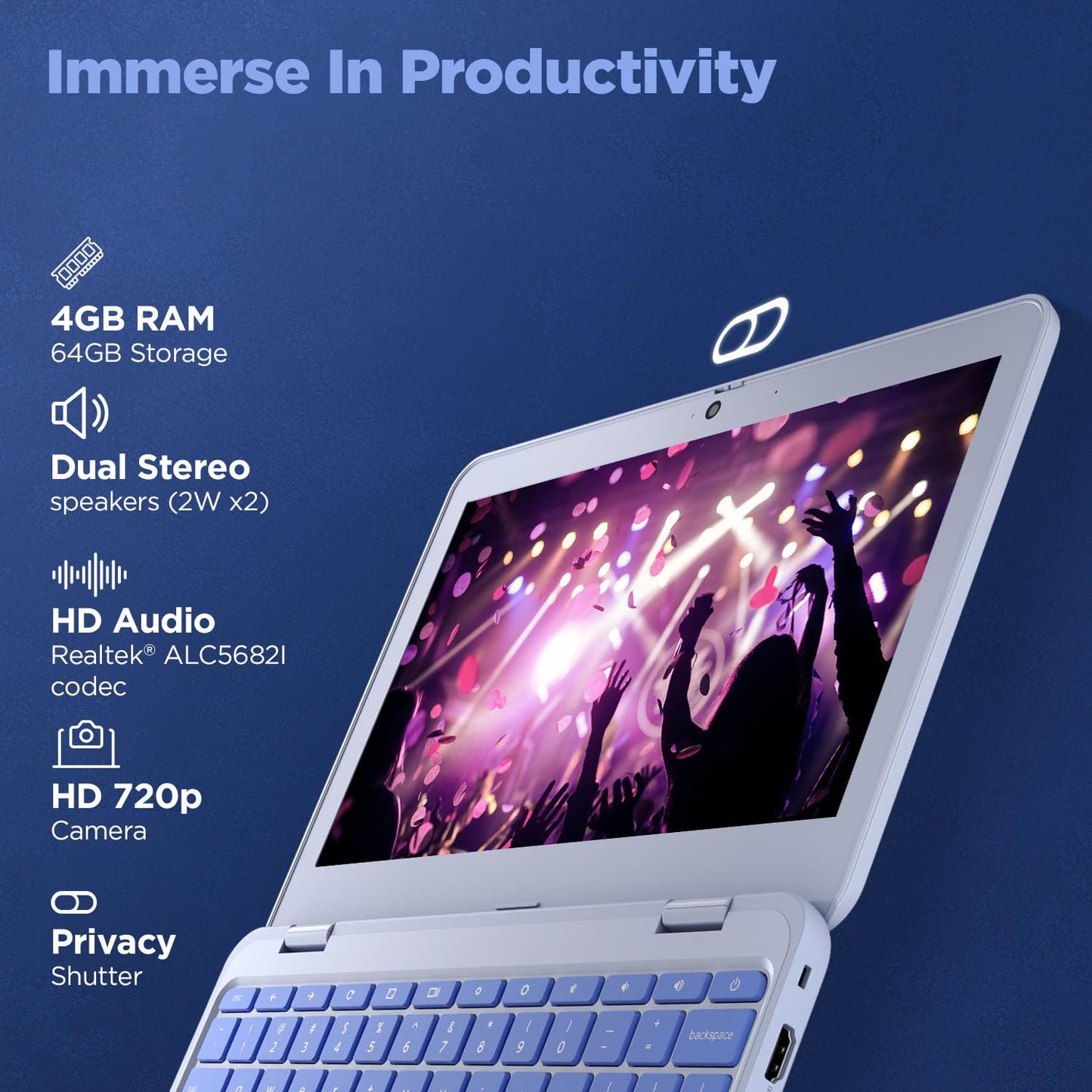 Lenovo {SmartChoice)Chromebook Intel Celeron N4500 (4GB RAM/64GB eMMC 5.1/11.6 Inch (29.46cm)/HD Display/2Wx2 Stereo Speakers/HD Camera/Chrome OS/Blue/1.21Kg), 82UY0014HA