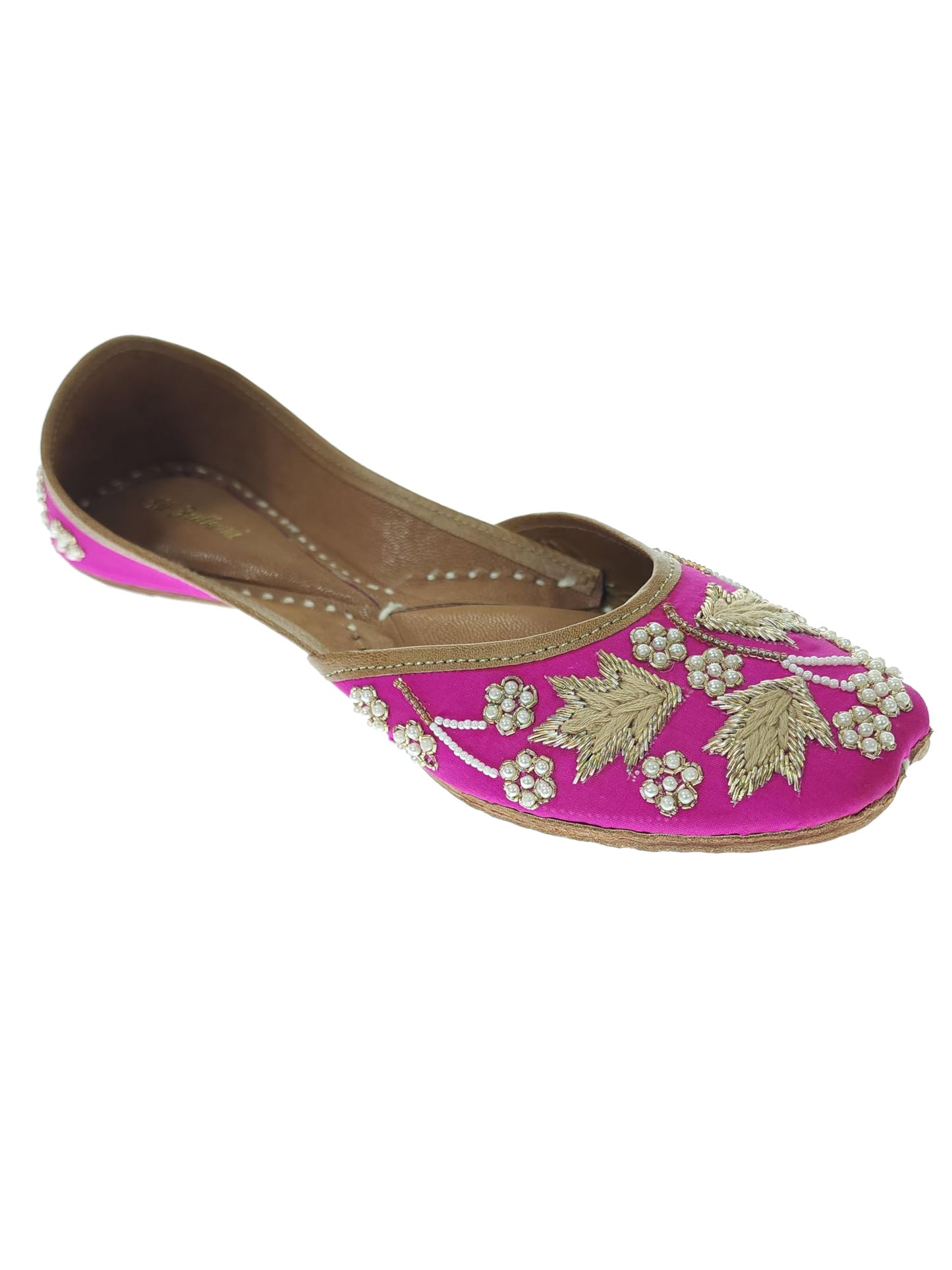 Fulkari Women Palm Leaf Gold Soft Embroidered Jutis | Bite and Pinch Free Jutti | Punjabi Formal Juttis | Girl's Wedding Flat Ladies Mojari | Formal Ethnic Juti |