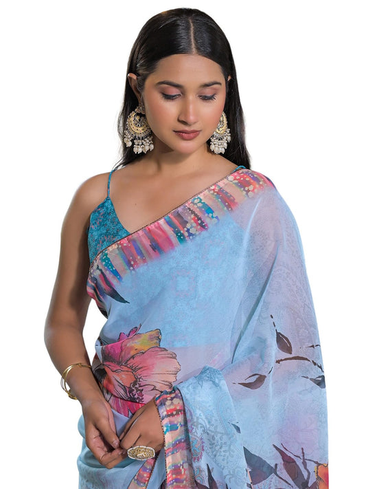 Satrani Women's Georgette Hand Work Floral Printed Saree with Unstitched Blouse Piece (4785S126N_Sky Blue)