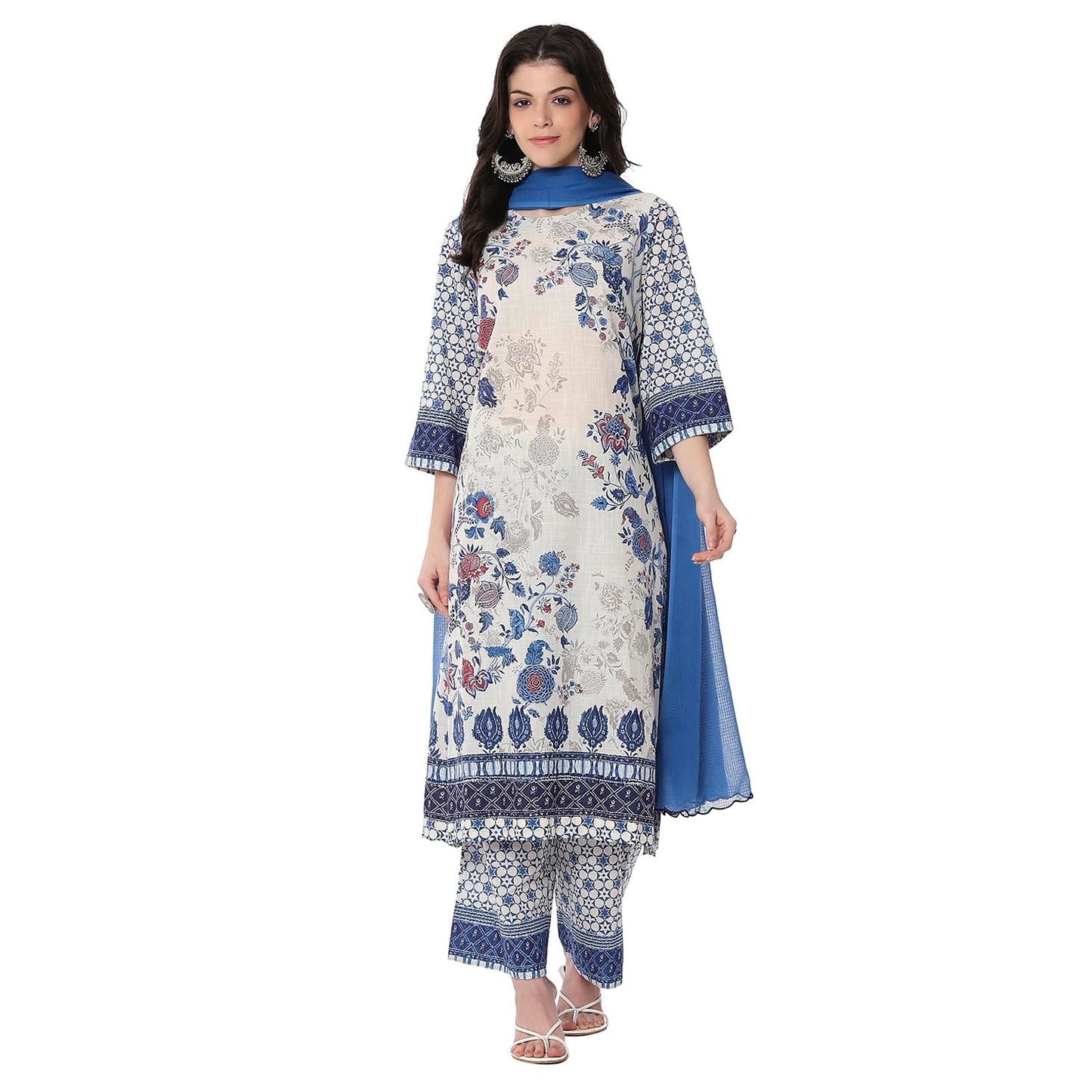 Biba Women's Cotton Kurta, Bottom, Dupatta (SKDCHZ10834SS25IND_White