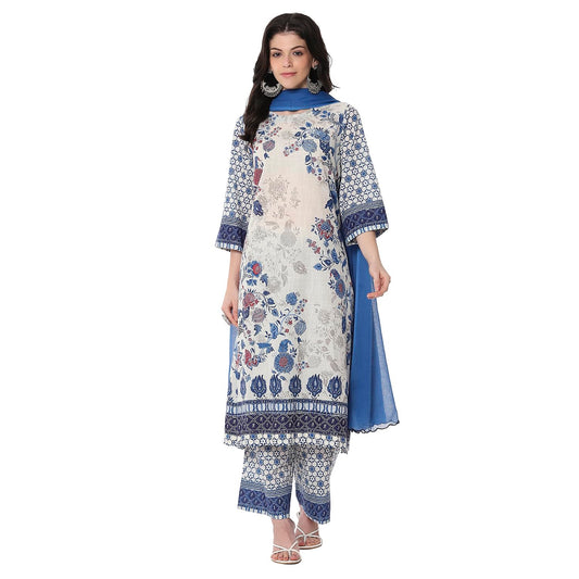 Biba Women's Cotton Kurta, Bottom, Dupatta (SKDCHZ10834SS25IND_White