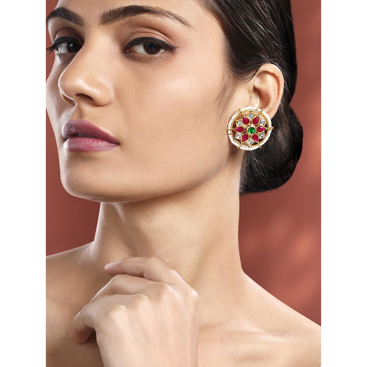 Peora Gold Plated Rani Pink Green Synthetic Stone & Beads Studded Stud Earrings Ethnic Jewellery for Women & Girls