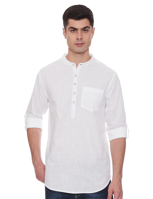 Max Men's Full Sleeves Mandarin Collar Solid Regular Fit Cotton Kurta White