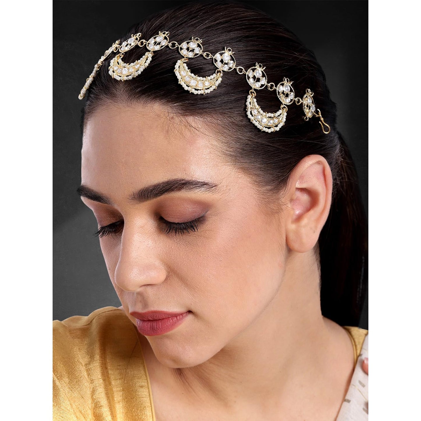 Peora Gold Plated Traditional Floral Kundan Pearl Studded Rajasthani Sheeshpatti Sheeshphool Mathapatti Hair Jewellery for Women