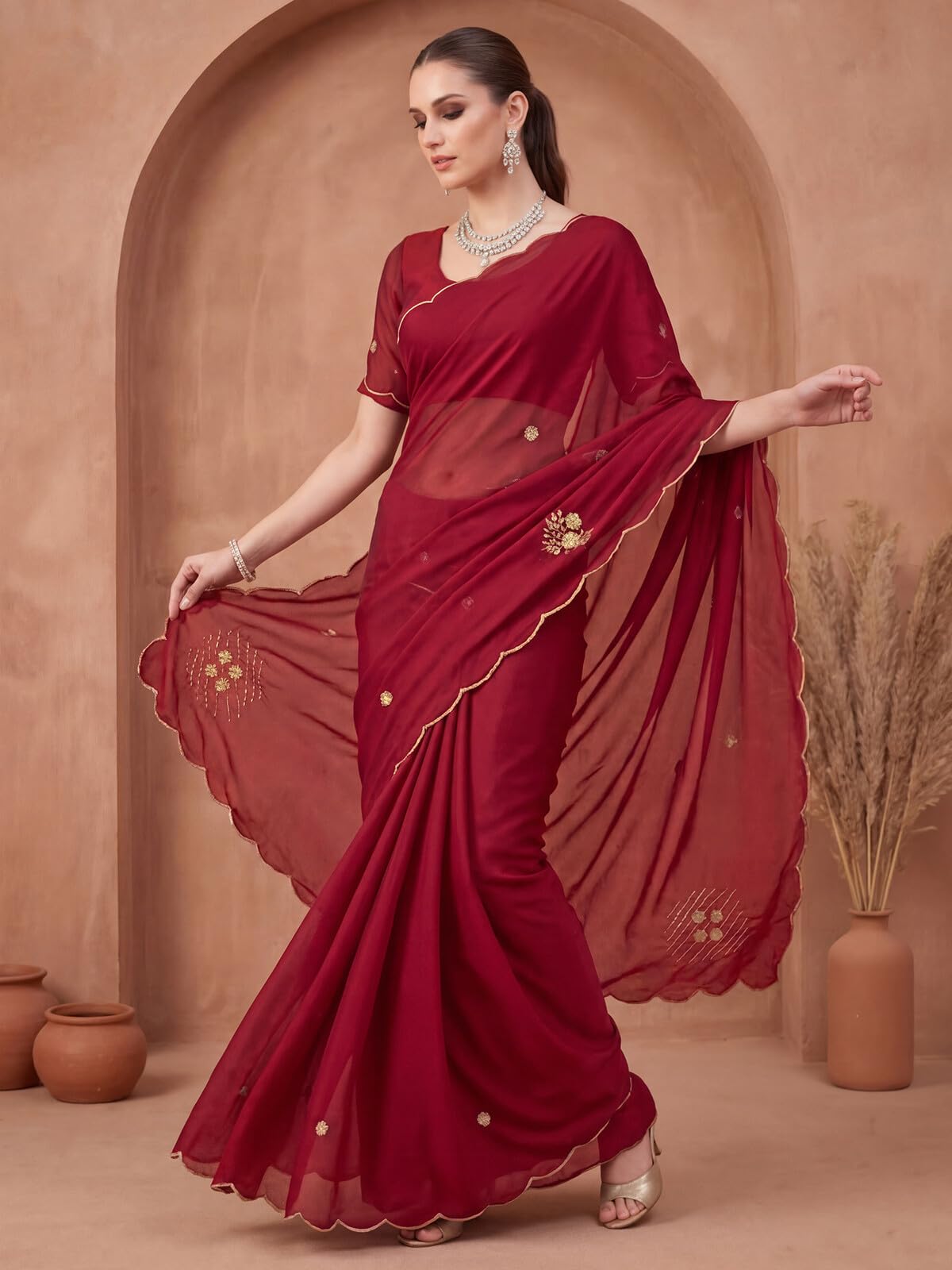 SIRIL Women's Silk Scalloped Border Saree with Unstitched Blouse Piece (5077S843A_Maroon)