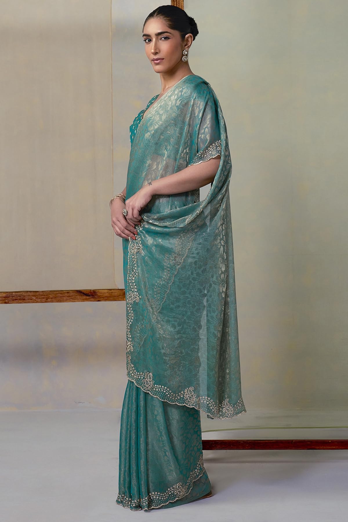 Soch Womens Teal Blue Fendy Chiffon Woven Design Saree With Stone Work