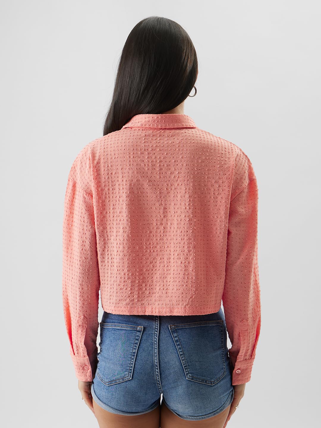 The Souled Store Original Solids: Peach Cotton Cropped Shirts for Women Cropped Shirts Fashionable Trendy Graphic Prints Pop Culture Merchandise Shirts Casual Button-Down Half Sleeve Printed Graphic