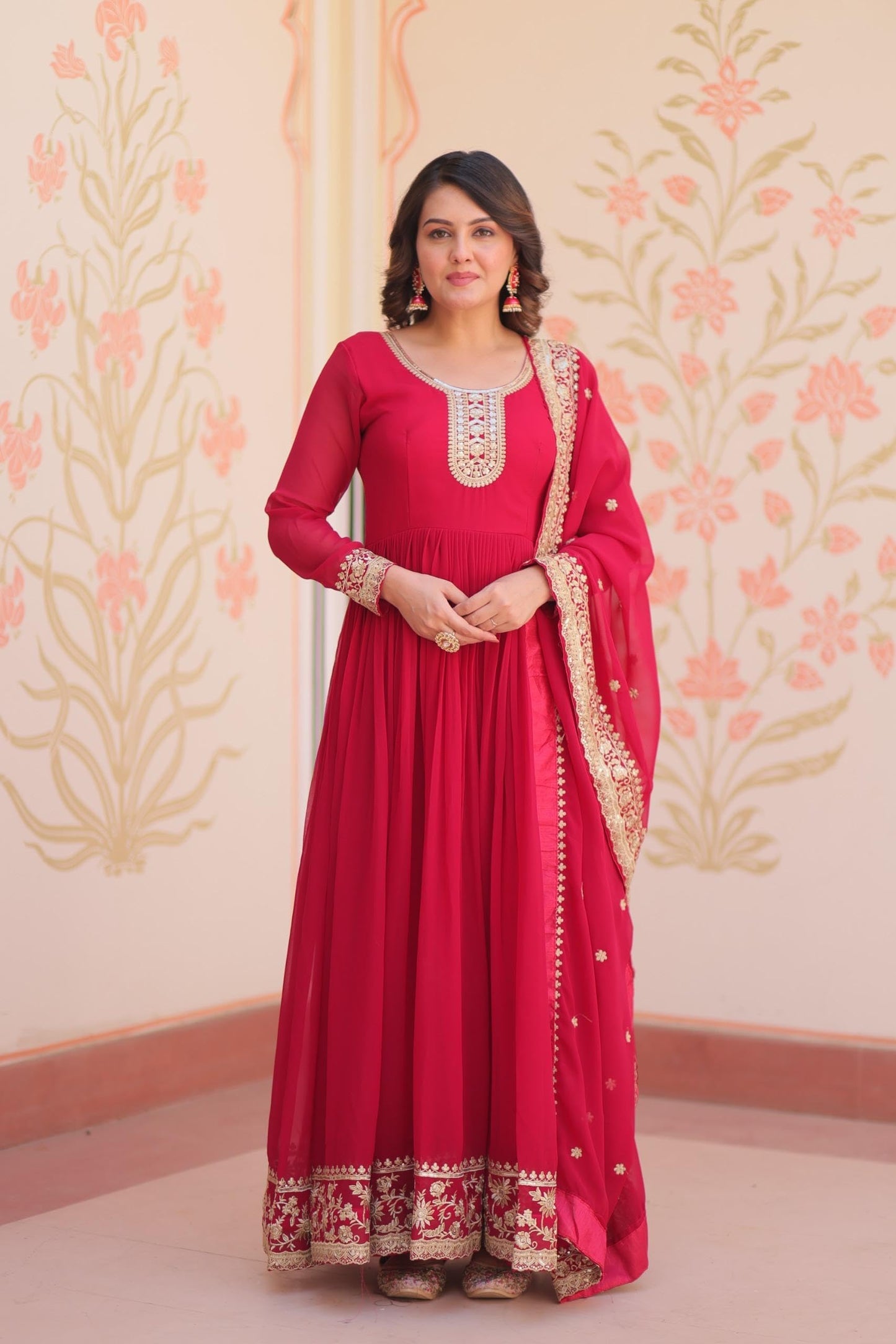 Mehervaa by vinni Red Anarkali Suit Set with Embroidered Dupatta, Long Sleeve Gown Style, Golden Zari Work, Traditional Indian Ethnic Wear (IN, Alpha, 2XL, Regular)