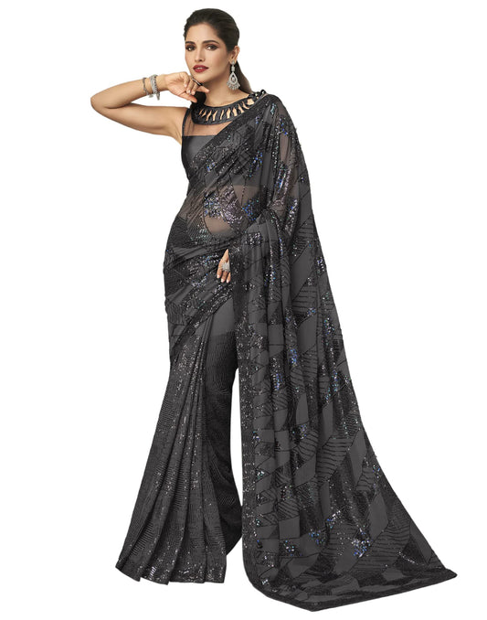 Satrani Women's Sequence Embroidery & Embroidered Georgette Saree with Unstitched Blouse Piece (2831S2365_Grey)