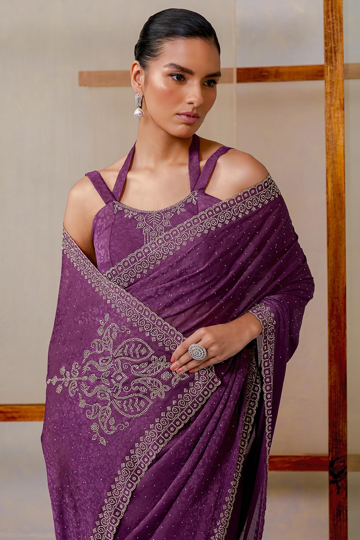 Soch Womens Fendy Georgette Woven Design Saree With Stone Work