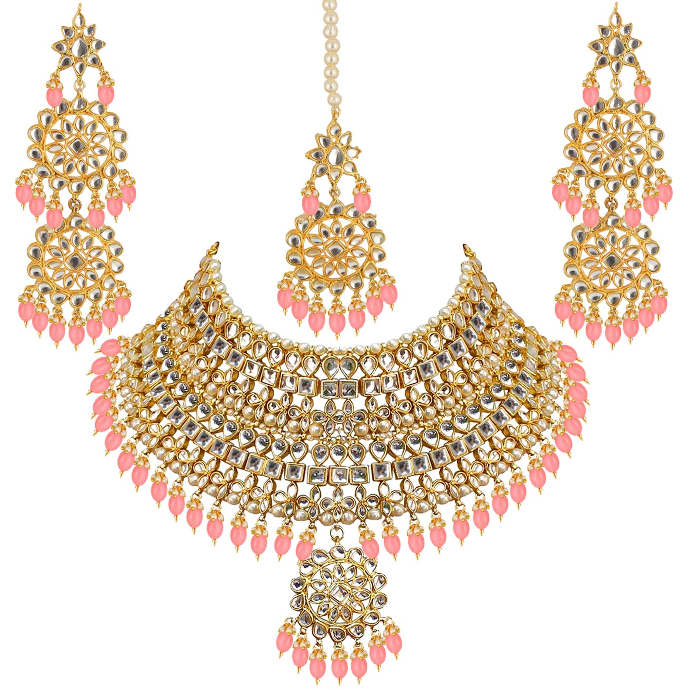 Lucky Jewellery Designer Gold Plating Peach Color Pearl with Kundan Choker Bridal Dulhan Necklace Set For Girls & Women (4200-QSK-580-PH)