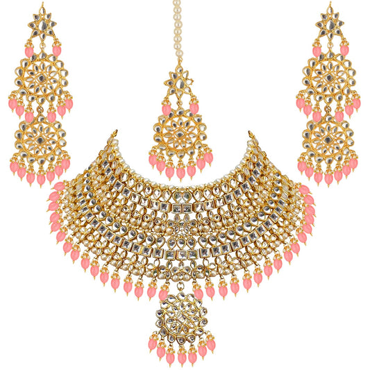 Lucky Jewellery Designer Gold Plating Peach Color Pearl with Kundan Choker Bridal Dulhan Necklace Set For Girls & Women (4200-QSK-580-PH)