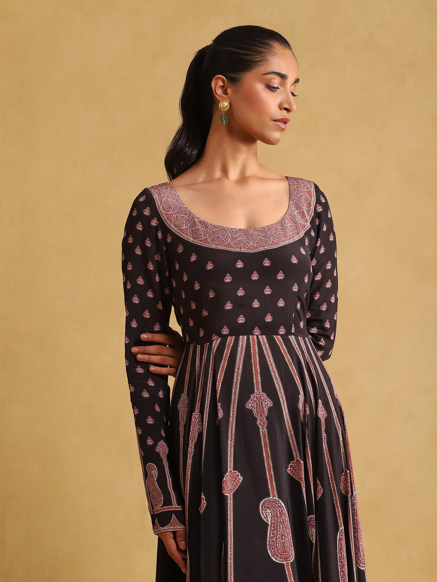 Ritu Kumar Black Printed Crepe Anarkali Kurta with Legging and Dupatta