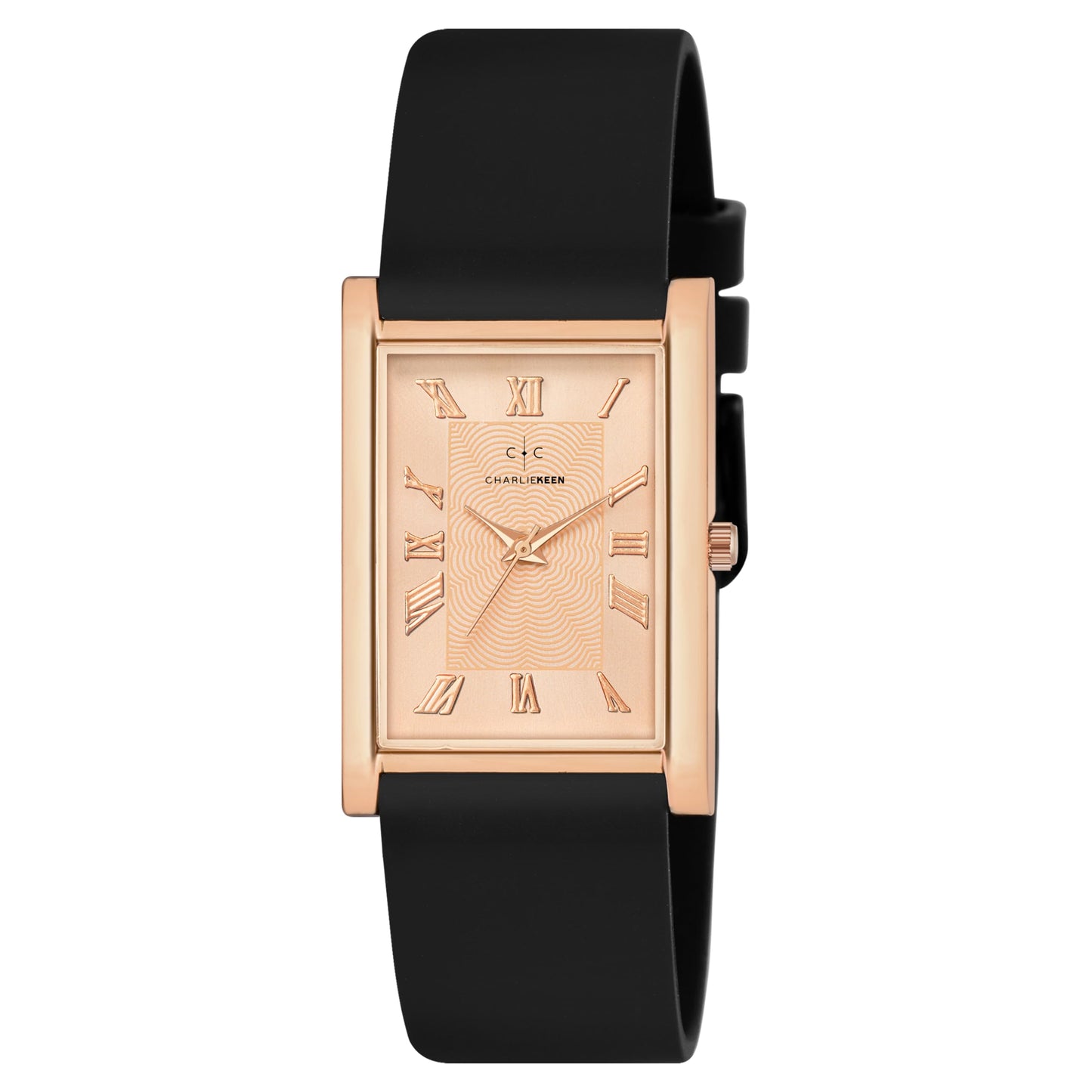 CHARLIEKEEN Slim Analogue Watch, Black Dial, Leather Strap (Rose Gold)