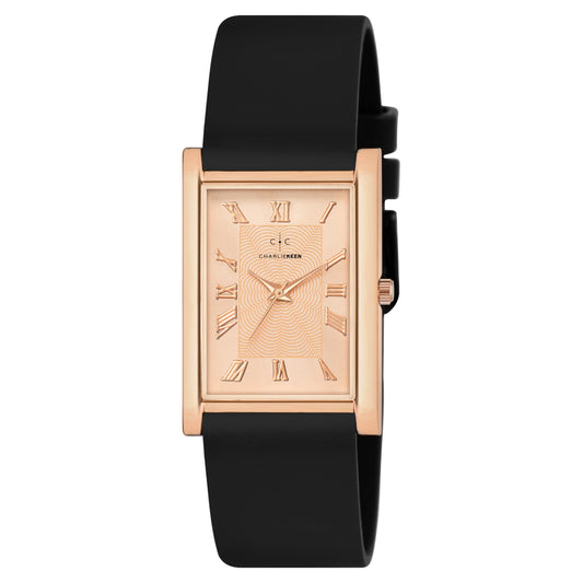 CHARLIEKEEN Slim Analogue Watch, Black Dial, Leather Strap (Rose Gold)