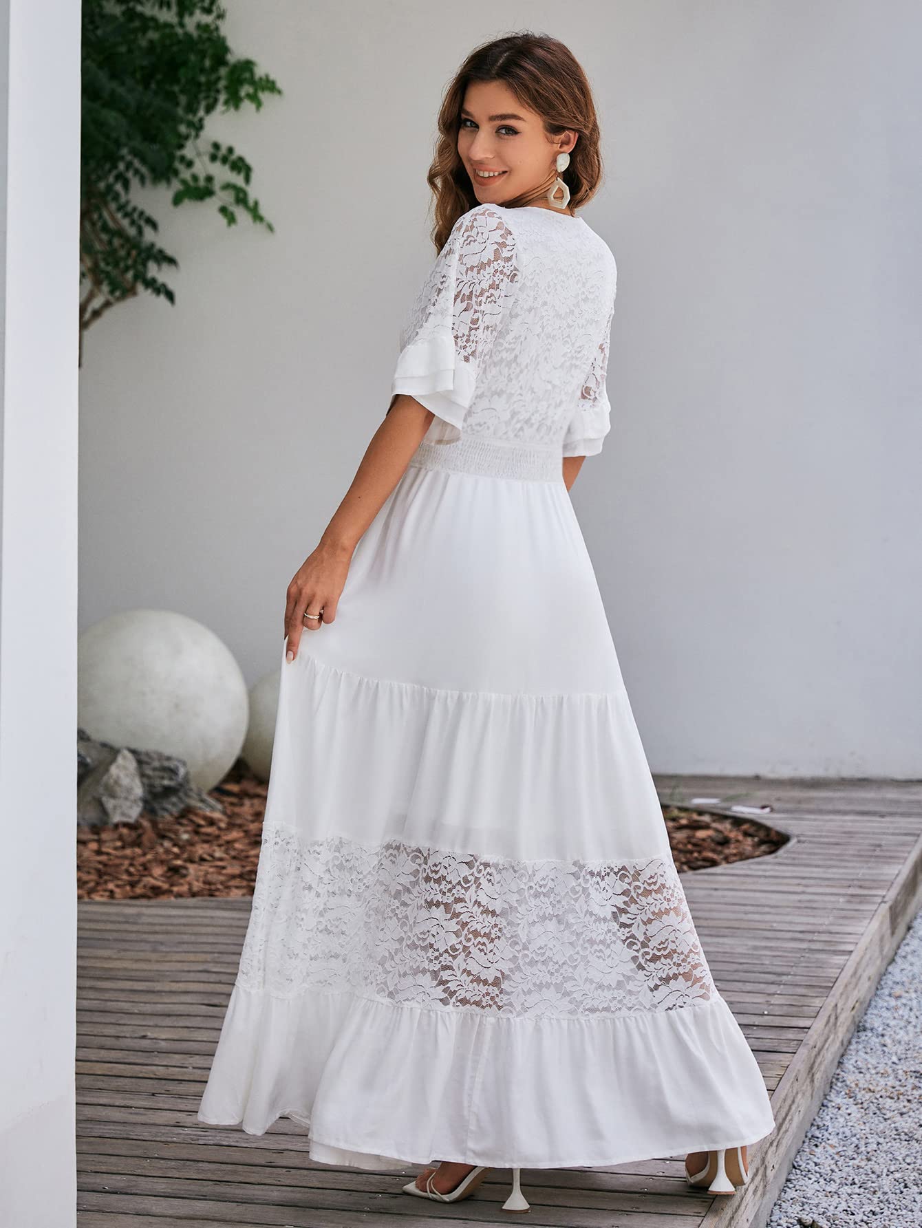 Simplee Women V Neck Formal Lace Maxi Dress Ruffle Flowy Short Sleeve Boho Wedding Guest Party Summer Long Dress, Lace_white, Large