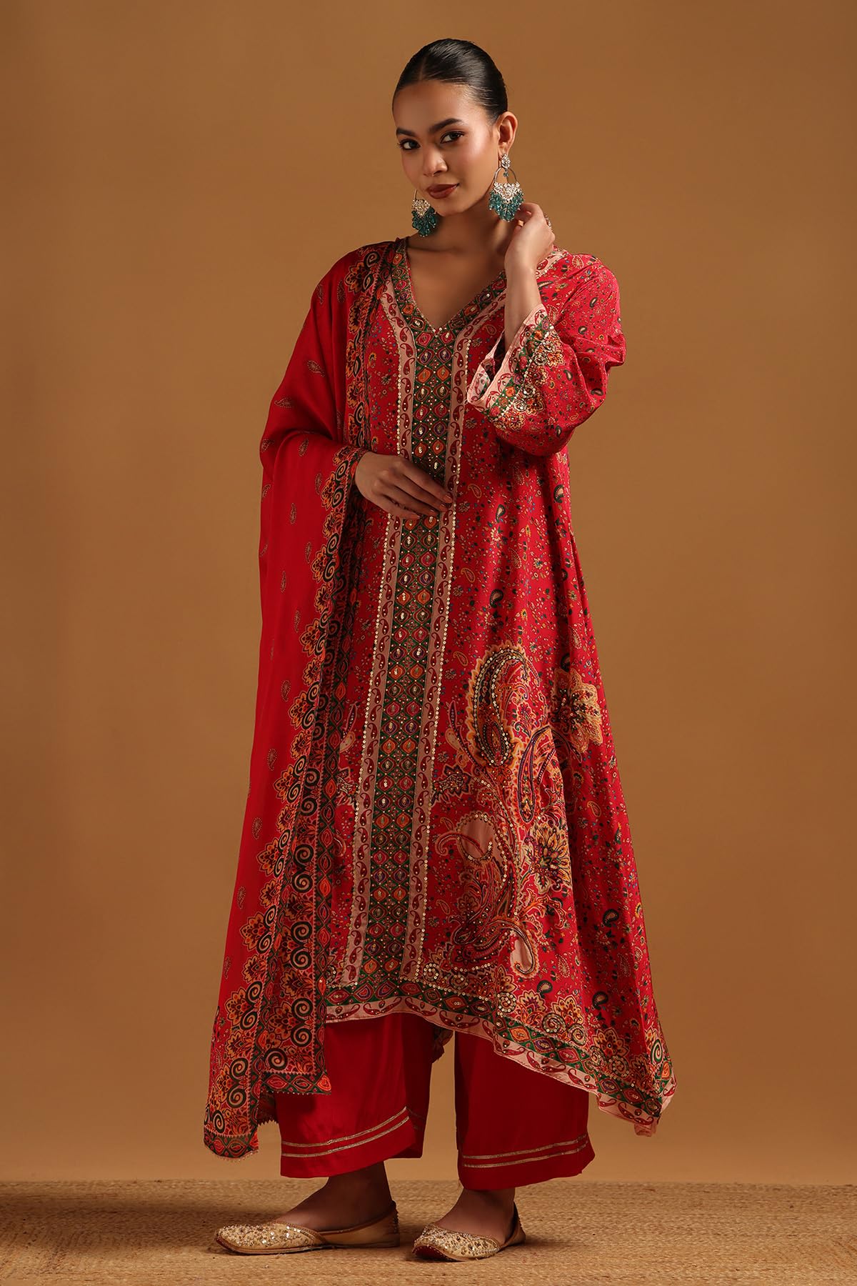 Soch Womens Red Crepe Paisley Print Salwar Suit With Beads And Stones