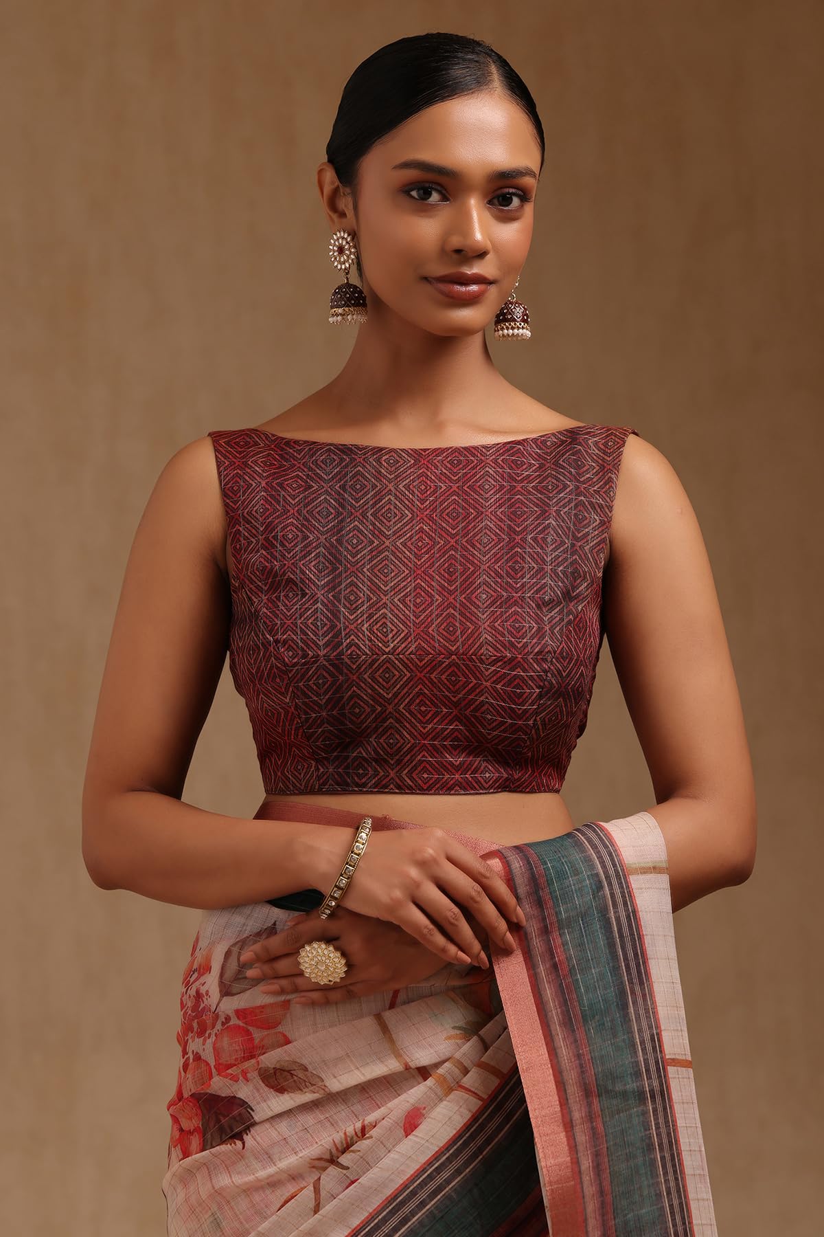 Soch Womens Beige Linen Botanical Print Saree