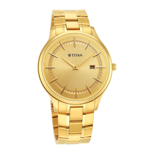 Titan Classique Slimline Champagne Dial Analog with Day and Date Stainless Steel Strap Watch for Men-NS90142YM01