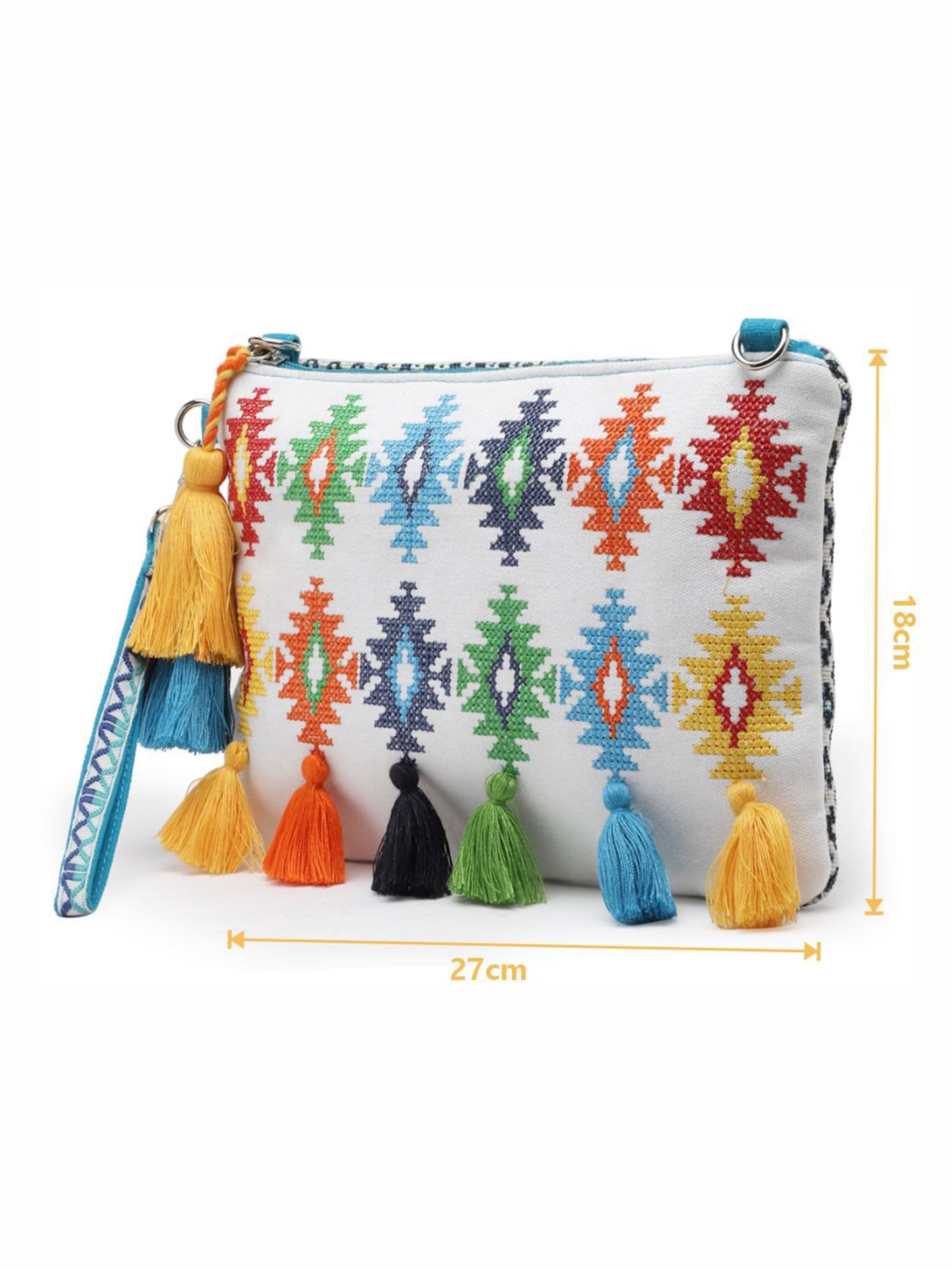 Anekaant Boho White & Multi Aztec Embroidered Cotton Canvas Sling Bag