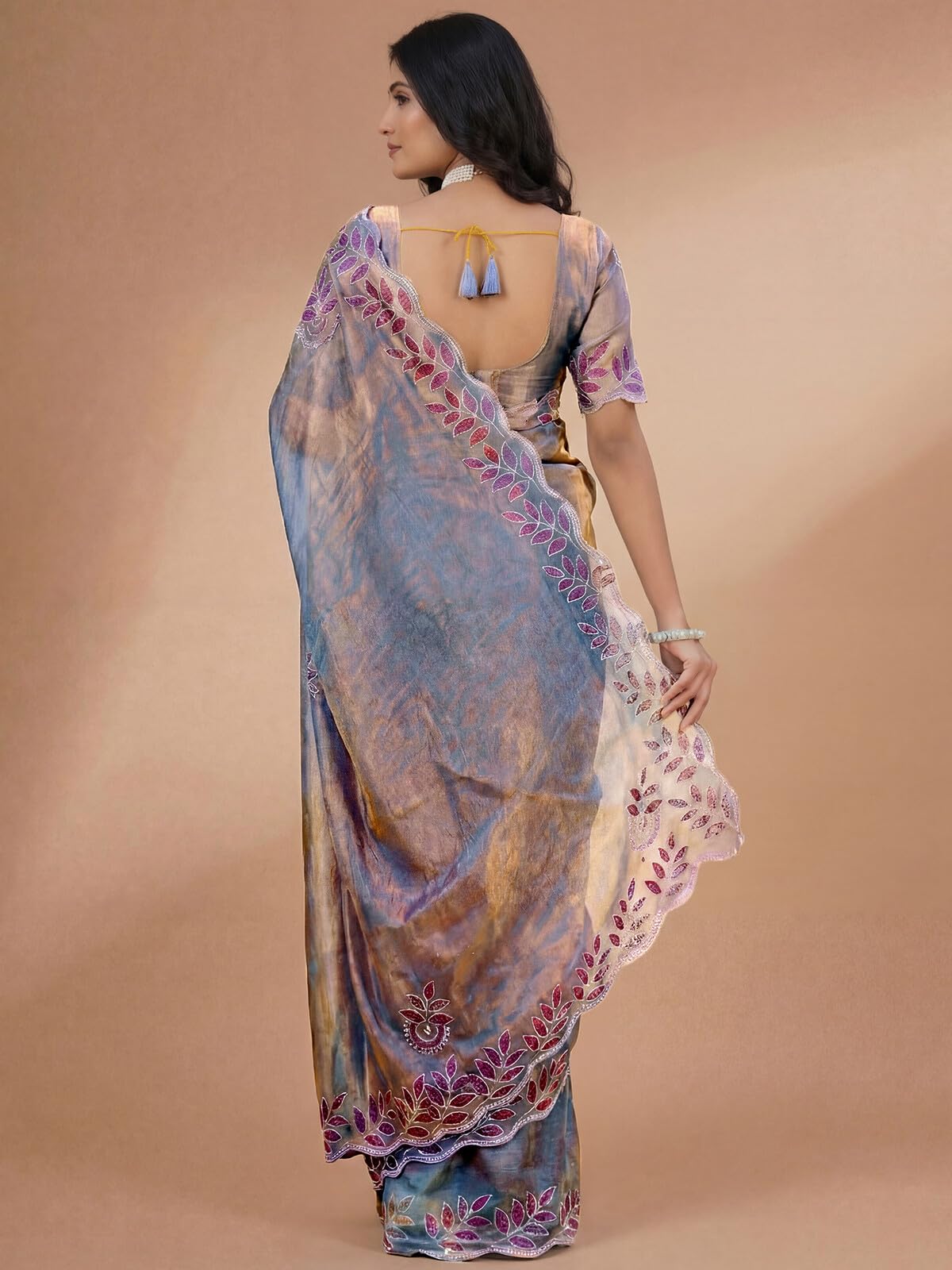 SIRIL Women's Shimmer Chiffon Scalloped Border Stone Work Embroidery Saree with Unstitched Blouse Piece (4974S941A_Lavender)