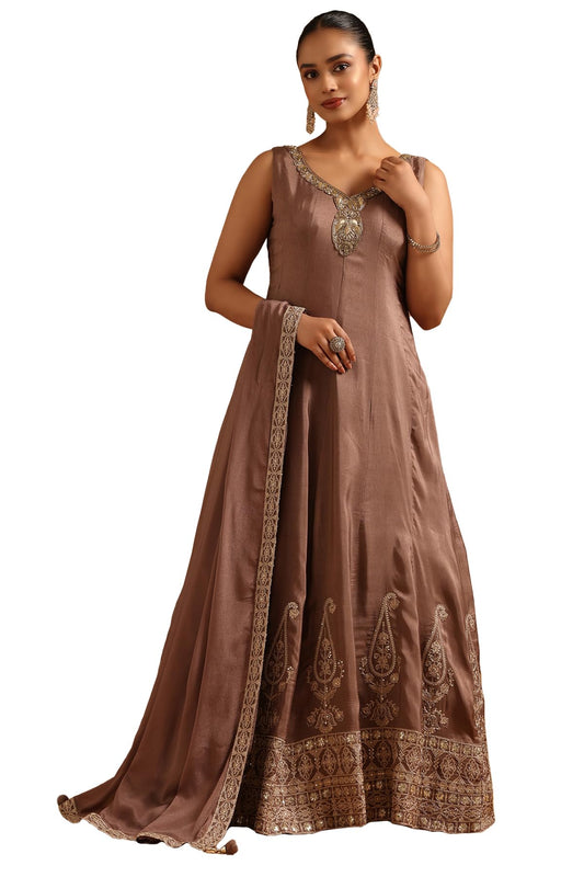Soch Womens Brown Dola Silk Ethnic Motifs Gown with Cutdana