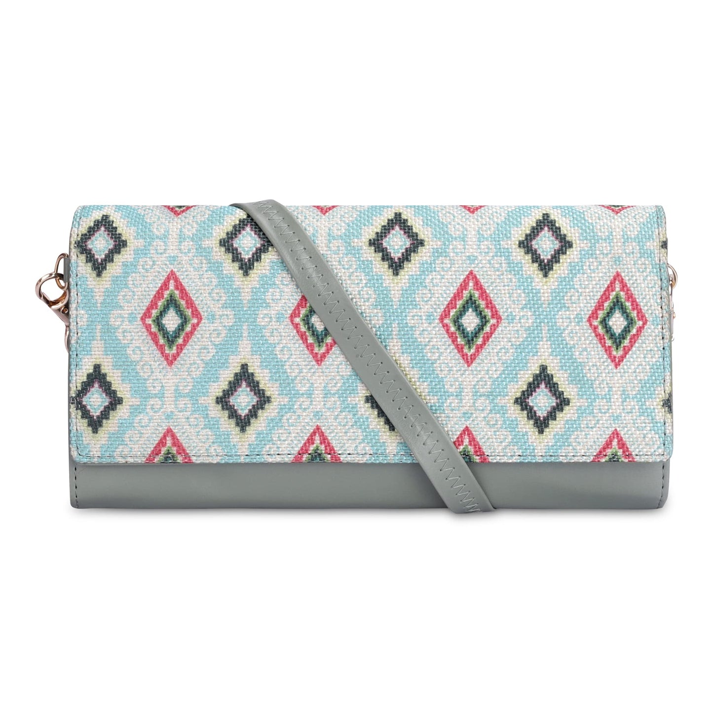 THE CLOWNFISH Jolene Printed Handicraft Fabric & Vegan Leather Women's Wallet Purse Sling Bag with Multiple Card Slots (Skyblue-Diamond)