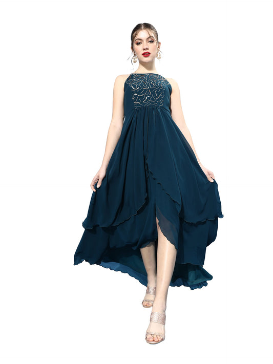 Miss Chase Women's Teal Round Neck Sleeveless Solid Embellished Maxi Dress (MCAW21D99-65-83-06, Teal, XL)