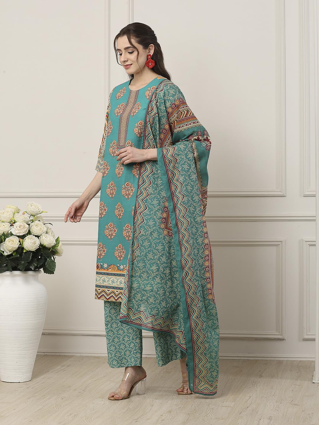 Biba Women Green Cotton Straight Suit Set_38