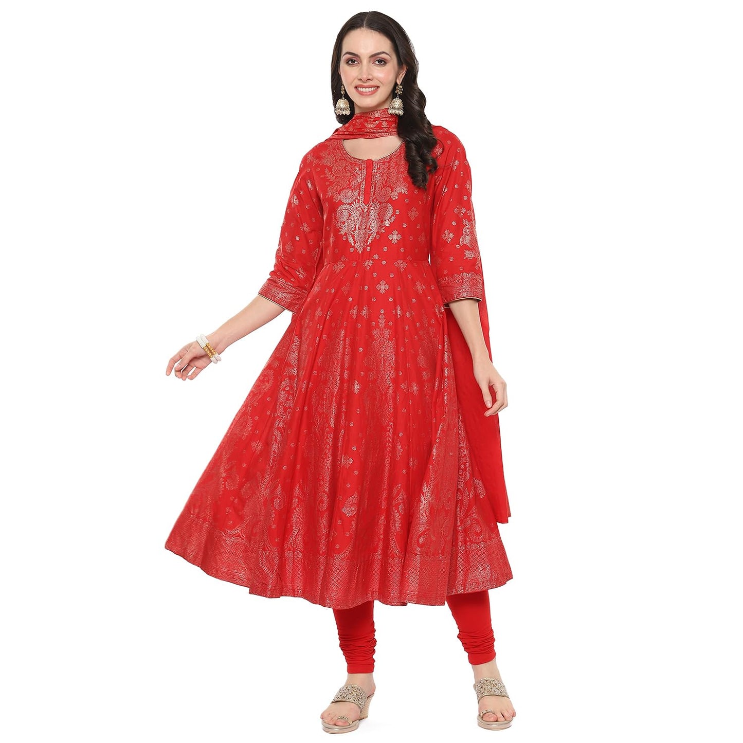 BIBA Women Cotton Printed Anarkali Salwar Kurta Dupatta(Skdgold Mur9148_Red_38)